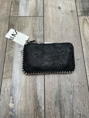 ZARA Black Chain-Trim Wallet Clutch Women Suede Like Bag W/Silver Chain NWT